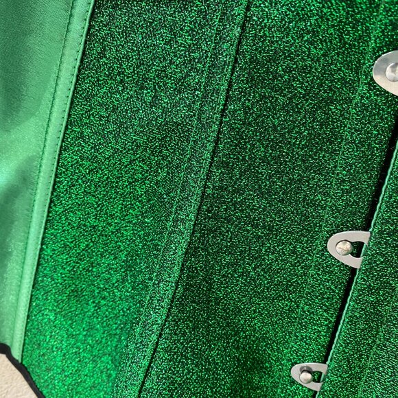 Green Glitter Steel Boned Overbust Corset Top Lace Up Back Size S Gothic Festiva - Picture 2 of 8